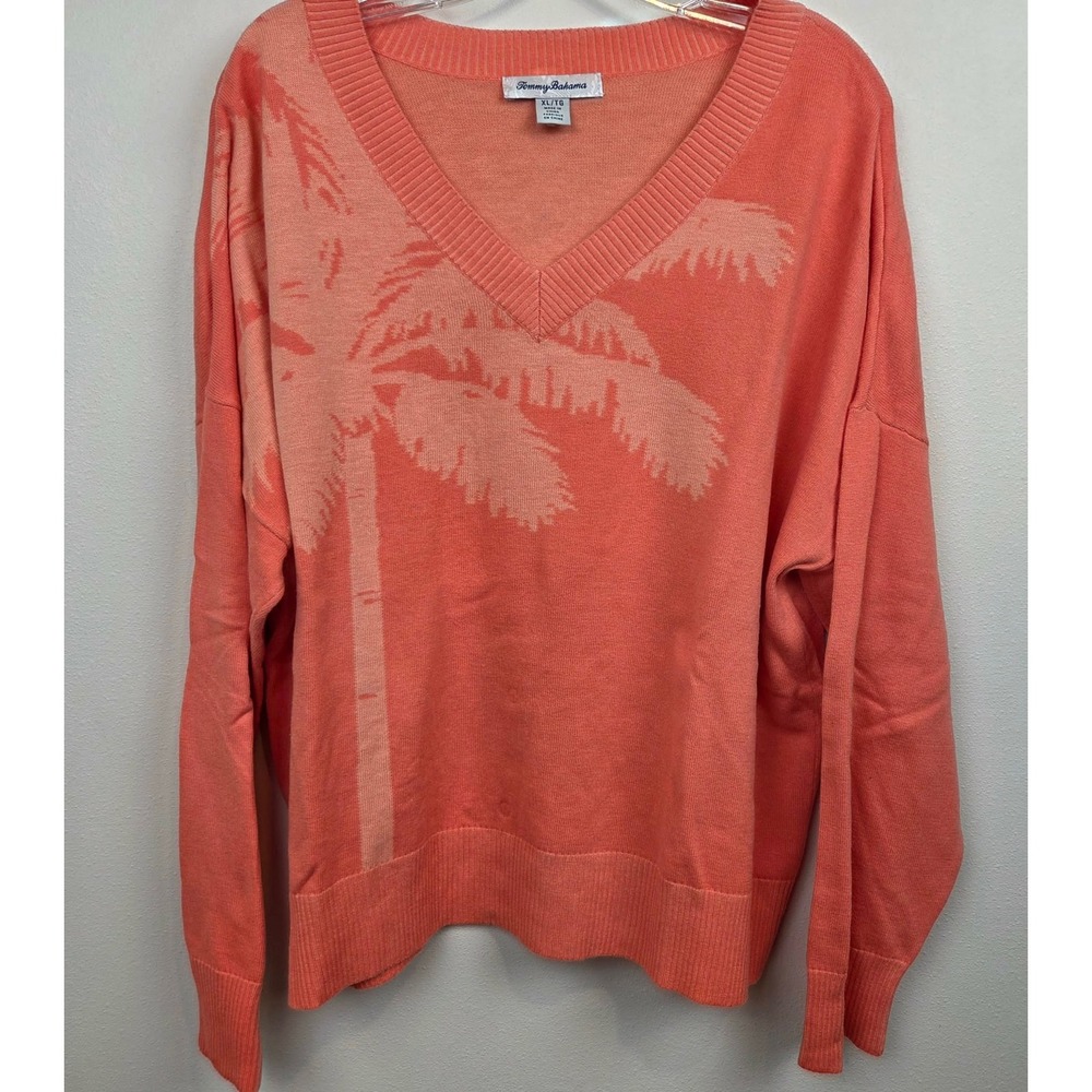 Tommy Bahama Womens XL Orange Palm Tree V-Neck Cashmere Blend Sweater
